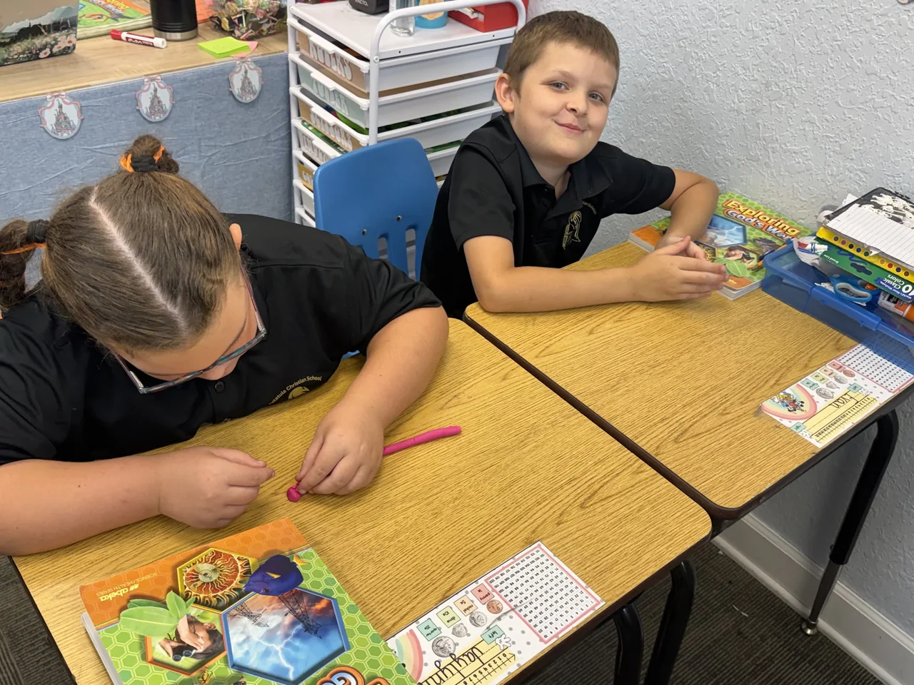 Students working at a classroom table